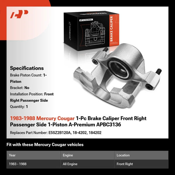 1983-1988 Mercury Cougar 1-Pc Brake Caliper Front Right Passenger Side 1-Piston A-Premium APBC3136