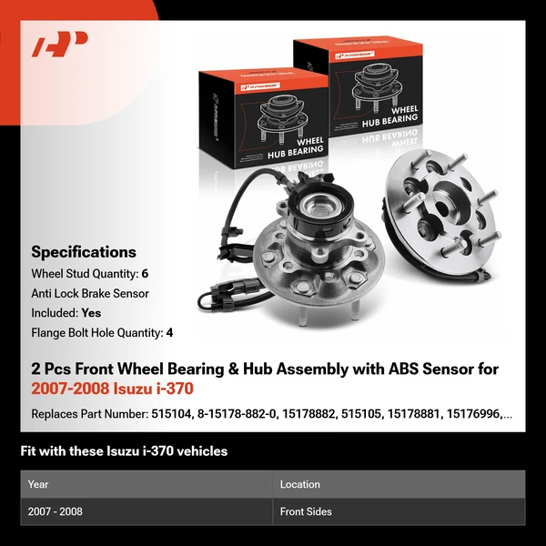 2 Pcs Front Wheel Bearing & Hub Assembly with ABS Sensor for 2007-2008 Isuzu i-370