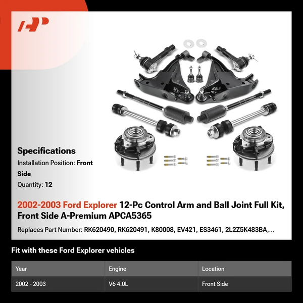 2002-2003 Ford Explorer 12-Pc Control Arm and Ball Joint Full Kit, Front Side A-Premium APCA5365