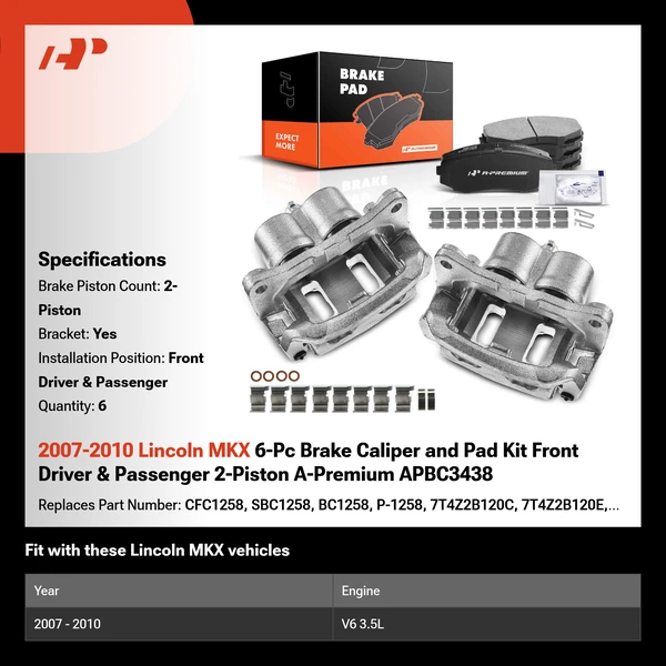 2007-2010 Lincoln MKX 6-Pc Brake Caliper and Pad Kit Front Driver & Passenger 2-Piston A-Premium APBC3438