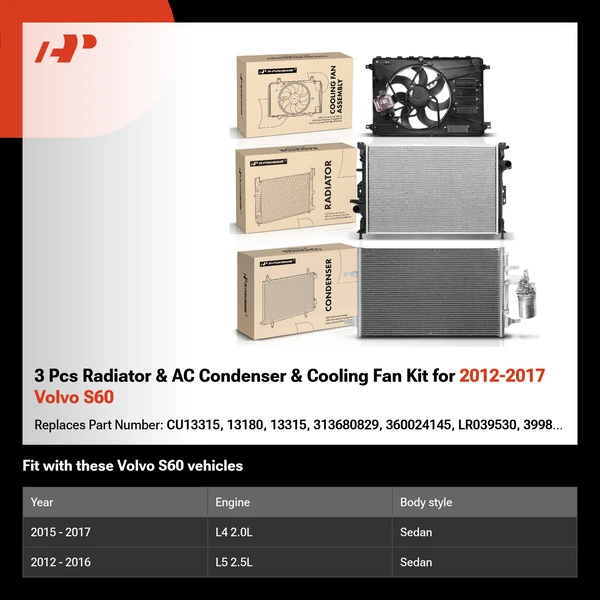 3 Pcs Radiator & AC Condenser & Cooling Fan Kit for 2012-2017 Volvo S60