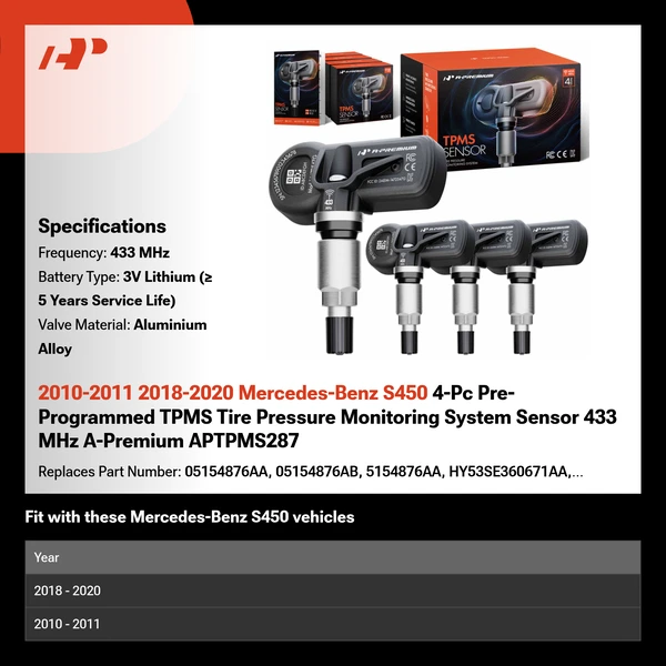 2010-2011 2018-2020 Mercedes-Benz S450 4-Pc Pre-Programmed TPMS Tire Pressure Monitoring System Sensor 433 MHz A-Premium APTPMS287