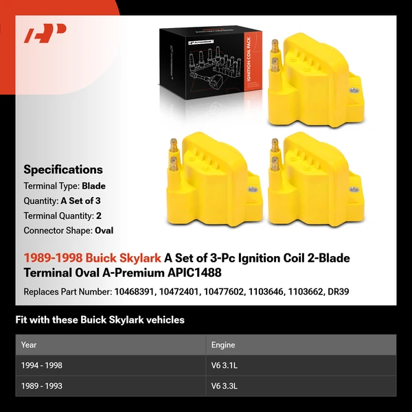 1989-1998 Buick Skylark A Set of 3-Pc Ignition Coil 2-Blade Terminal Oval A-Premium APIC1488