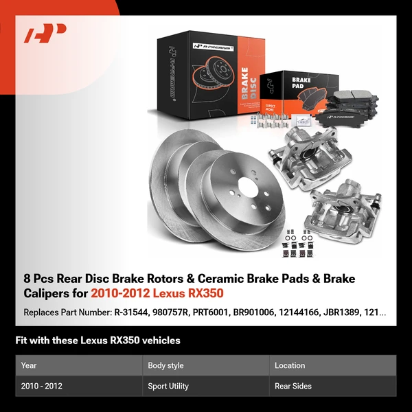 8 Pcs Rear Disc Brake Rotors & Ceramic Brake Pads & Brake Calipers for 2010-2012 Lexus RX350