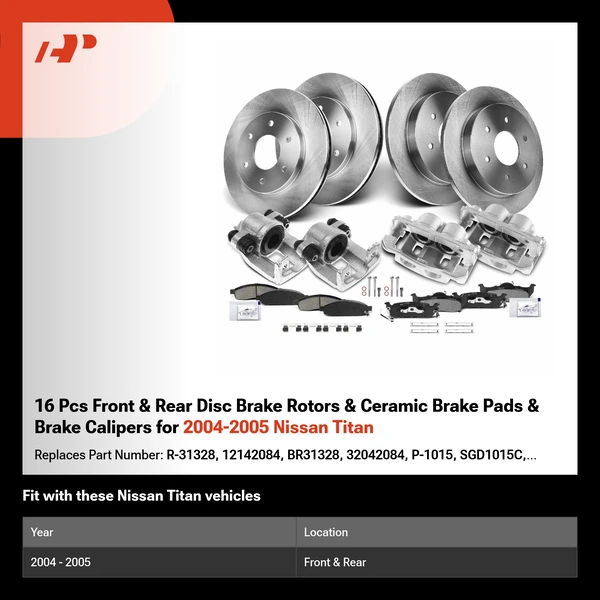 16 Pcs Front & Rear Disc Brake Rotors & Ceramic Brake Pads & Brake Calipers for 2004-2005 Nissan Titan