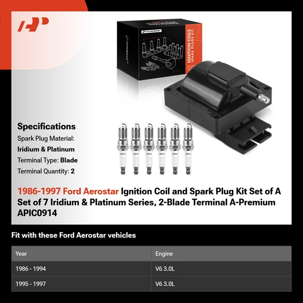 1986-1997 Ford Aerostar Ignition Coil and Spark Plug Kit Set of A Set of 7 Iridium & Platinum Series, 2-Blade Terminal A-Premium APIC0914