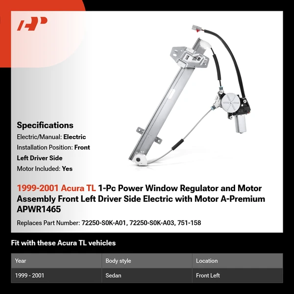 1999-2001 Acura TL 1-Pc Power Window Regulator and Motor Assembly Front Left Driver Side Electric with Motor A-Premium APWR1465