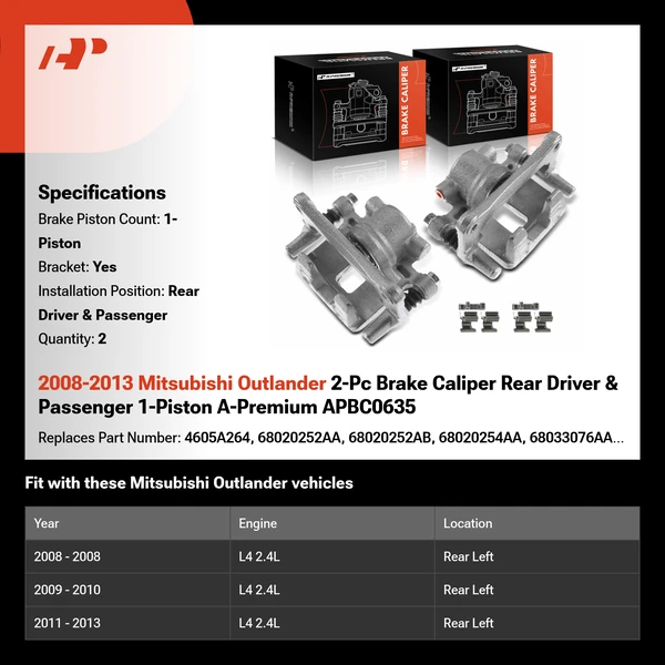 2008-2013 Mitsubishi Outlander 2-Pc Brake Caliper Rear Driver & Passenger 1-Piston A-Premium APBC0635