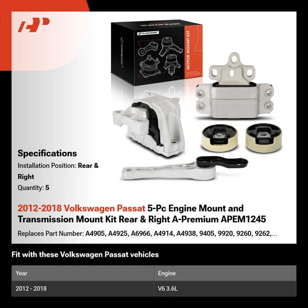 2012-2018 Volkswagen Passat 5-Pc Engine Mount and Transmission Mount Kit Rear & Right A-Premium APEM1245