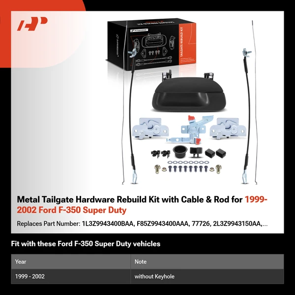 Metal Tailgate Hardware Rebuild Kit with Cable & Rod for 1999-2002 Ford F-350 Super Duty