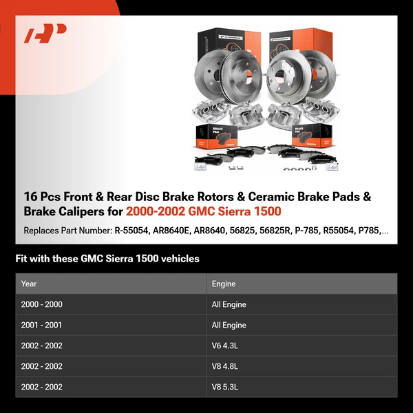 16 Pcs Front & Rear Disc Brake Rotors & Ceramic Brake Pads & Brake Calipers for 2000-2002 GMC Sierra 1500