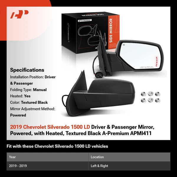 2019 Chevrolet Silverado 1500 LD Driver & Passenger Mirror, Powered, with Heated, Textured Black A-Premium APMI411