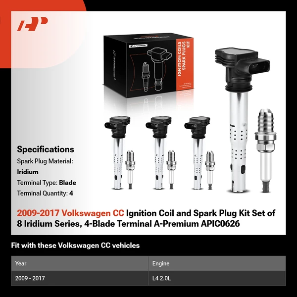 2009-2017 Volkswagen CC Ignition Coil and Spark Plug Kit Set of 8 Iridium Series, 4-Blade Terminal A-Premium APIC0626