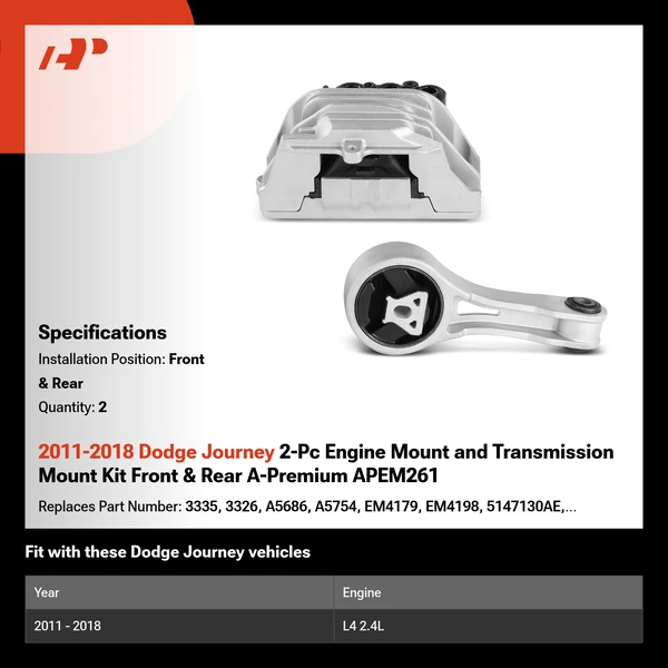2011-2018 Dodge Journey 2-Pc Engine Mount and Transmission Mount Kit Front & Rear A-Premium APEM261