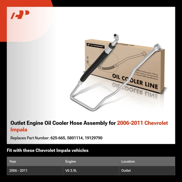 Outlet Engine Oil Cooler Hose Assembly for 2006-2011 Chevrolet Impala