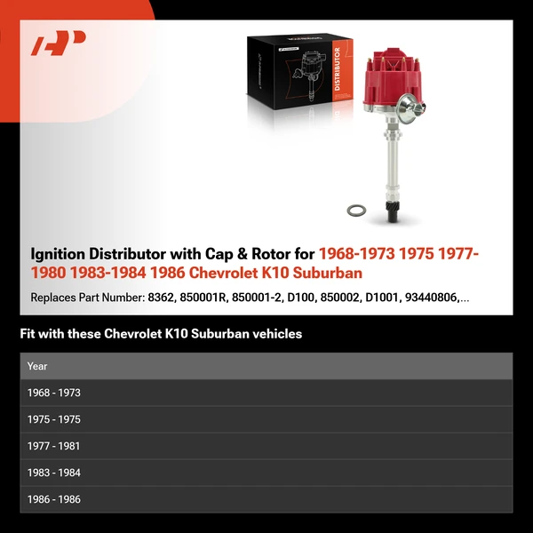 Ignition Distributor with Cap & Rotor for 1968-1973 1975 1977-1980 1983-1984 1986 Chevrolet K10 Suburban