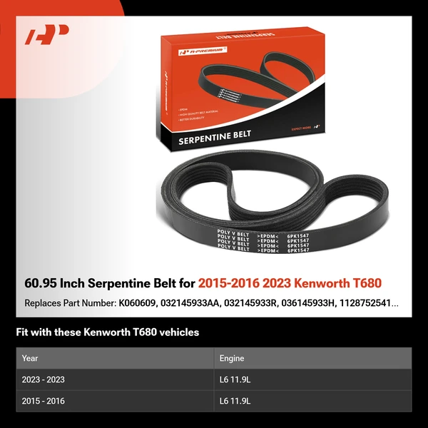 60.95 Inch Serpentine Belt for 2015-2016 2023 Kenworth T680