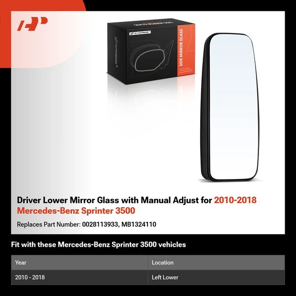 Driver Lower Mirror Glass with Manual Adjust for 2010-2018 Mercedes-Benz Sprinter 3500