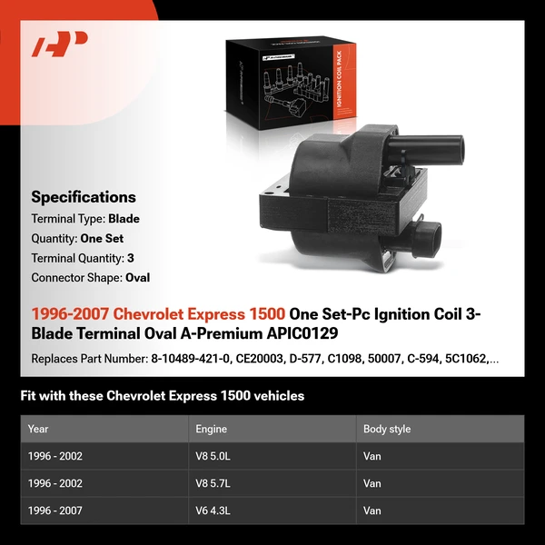 1996-2007 Chevrolet Express 1500 One Set-Pc Ignition Coil 3-Blade Terminal Oval A-Premium APIC0129