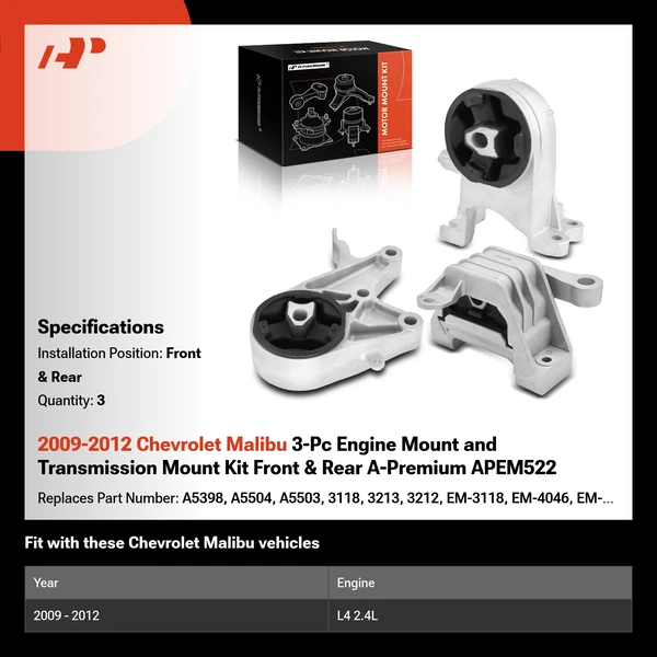 2009-2012 Chevrolet Malibu 3-Pc Engine Mount and Transmission Mount Kit Front & Rear A-Premium APEM522