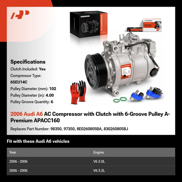 2006 Audi A6 AC Compressor with Clutch with 6-Groove Pulley A-Premium APACC160