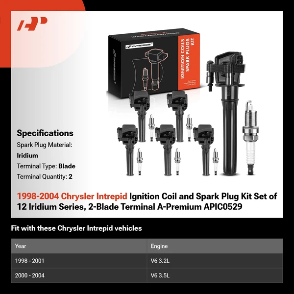 1998-2004 Chrysler Intrepid Ignition Coil and Spark Plug Kit Set of 12 Iridium Series, 2-Blade Terminal A-Premium APIC0529