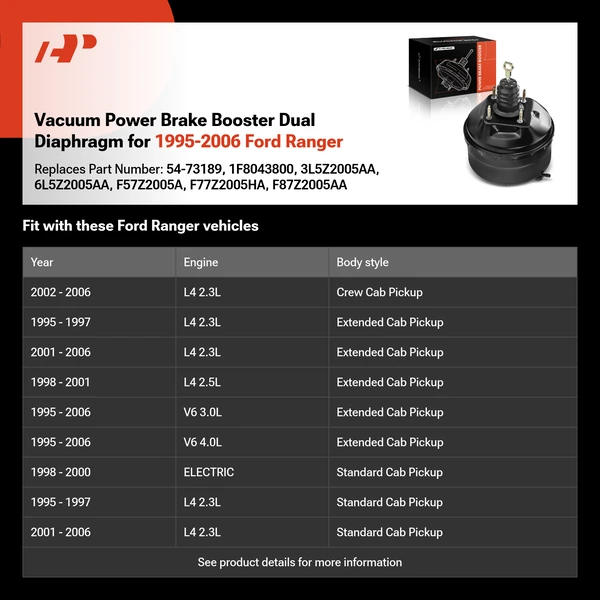 Vacuum Power Brake Booster Dual Diaphragm for 1995-2006 Ford Ranger
