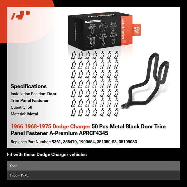 1966 1968-1975 Dodge Charger 50 Pcs Metal Black Door Trim Panel Fastener A-Premium APRCF4345