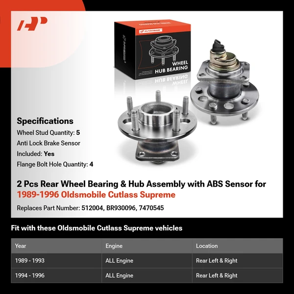 2 Pcs Rear Wheel Bearing & Hub Assembly with ABS Sensor for 1989-1996 Oldsmobile Cutlass Supreme