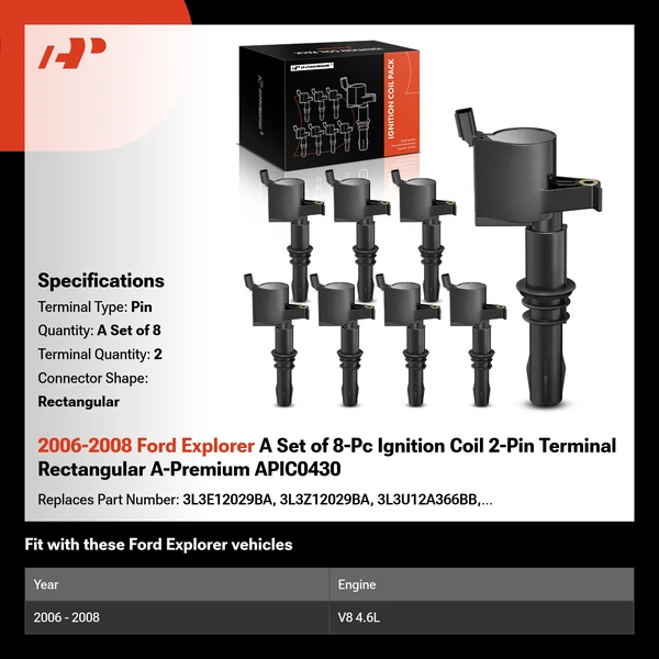 2006-2008 Ford Explorer A Set of 8-Pc Ignition Coil 2-Pin Terminal Rectangular A-Premium APIC0430