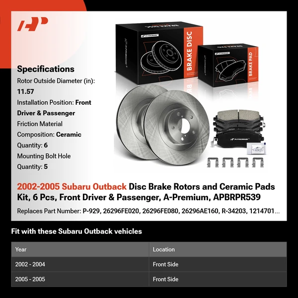 2002-2005 Subaru Outback Disc Brake Rotors and Ceramic Pads Kit, 6 Pcs, Front Driver & Passenger, A-Premium, APBRPR539