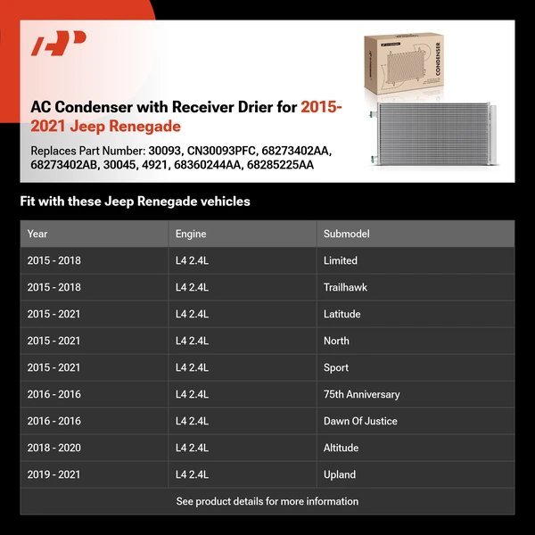 AC Condenser with Receiver Drier for 2015-2021 Jeep Renegade