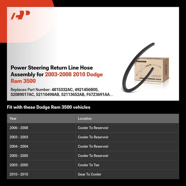 Power Steering Return Line Hose Assembly for 2003-2008 2010 Dodge Ram 3500