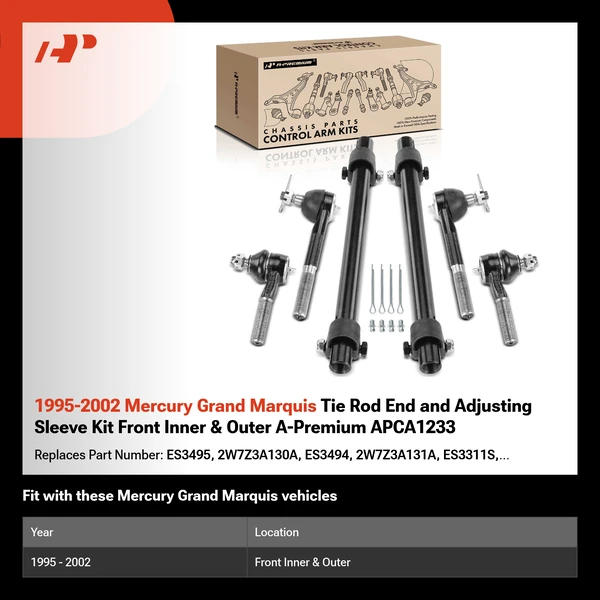 1995-2002 Mercury Grand Marquis Tie Rod End and Adjusting Sleeve Kit Front Inner & Outer A-Premium APCA1233