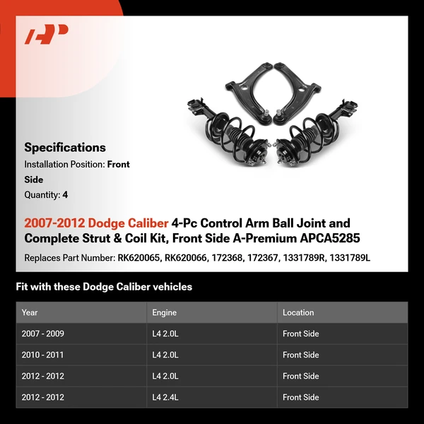 2007-2012 Dodge Caliber 4-Pc Control Arm Ball Joint and Complete Strut & Coil Kit, Front Side A-Premium APCA5285