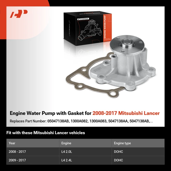 Engine Water Pump with Gasket for 2008-2017 Mitsubishi Lancer