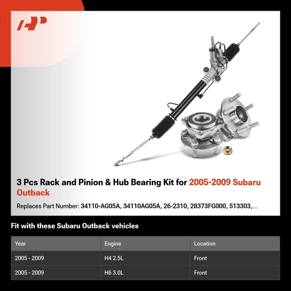 3 Pcs Rack and Pinion & Hub Bearing Kit for 2005-2009 Subaru Outback
