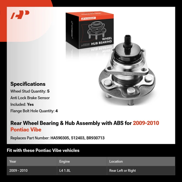 Rear Wheel Bearing & Hub Assembly with ABS for 2009-2010 Pontiac Vibe
