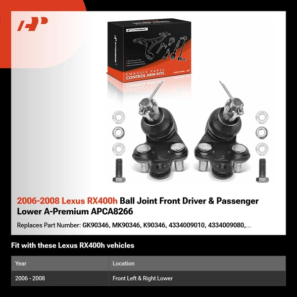 2006-2008 Lexus RX400h Ball Joint Front Driver & Passenger Lower A-Premium APCA8266