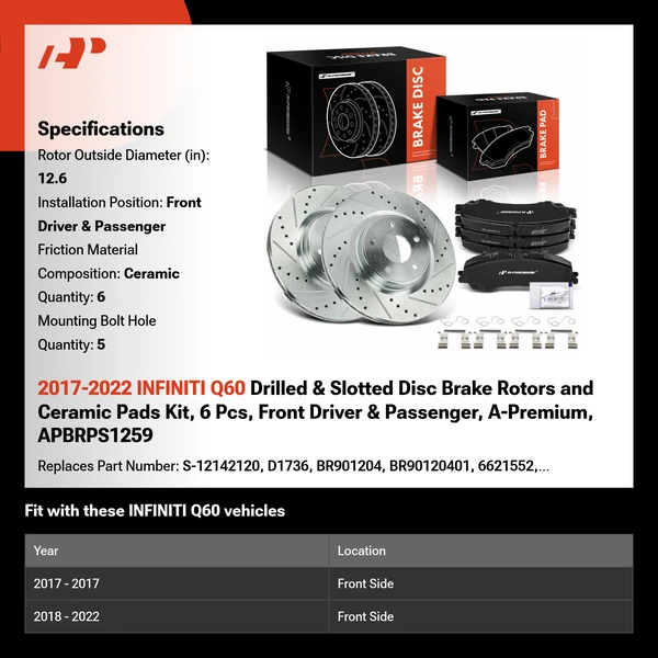 2017-2022 INFINITI Q60 Drilled & Slotted Disc Brake Rotors and Ceramic Pads Kit, 6 Pcs, Front Driver & Passenger, A-Premium, APBRPS1259