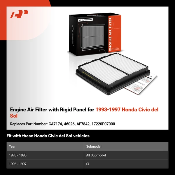 Engine Air Filter with Rigid Panel for 1993-1997 Honda Civic del Sol