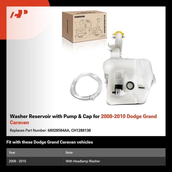Washer Reservoir with Pump & Cap for 2008-2010 Dodge Grand Caravan