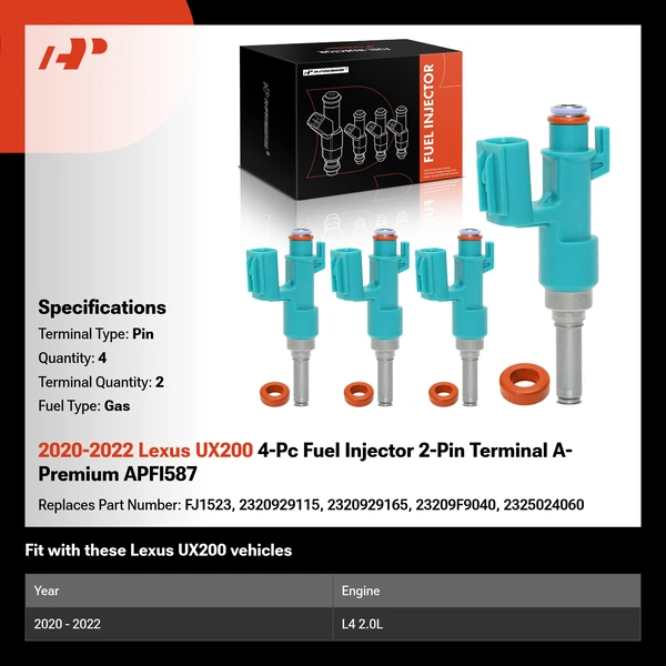 2020-2022 Lexus UX200 4-Pc Fuel Injector 2-Pin Terminal A-Premium APFI587