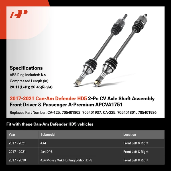 2017-2021 Can-Am Defender HD5 2-Pc CV Axle Shaft Assembly Front Driver & Passenger A-Premium APCVA1751