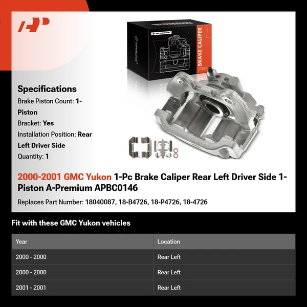 2000-2001 GMC Yukon 1-Pc Brake Caliper Rear Left Driver Side 1-Piston A-Premium APBC0146