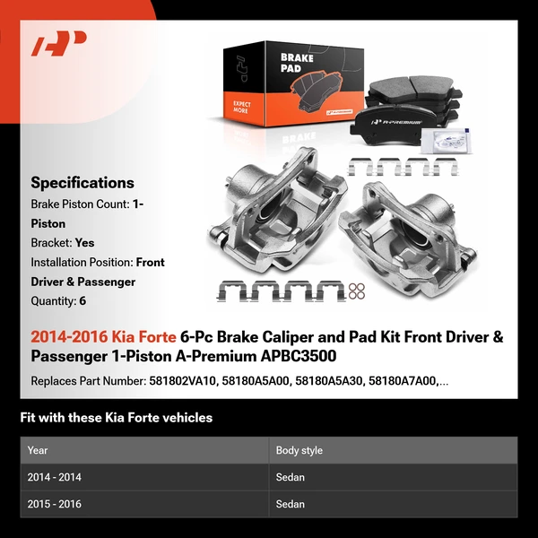 2014-2016 Kia Forte 6-Pc Brake Caliper and Pad Kit Front Driver & Passenger 1-Piston A-Premium APBC3500