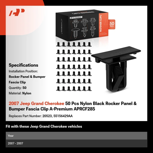 2007 Jeep Grand Cherokee 50 Pcs Nylon Black Rocker Panel & Bumper Fascia Clip A-Premium APRCF285