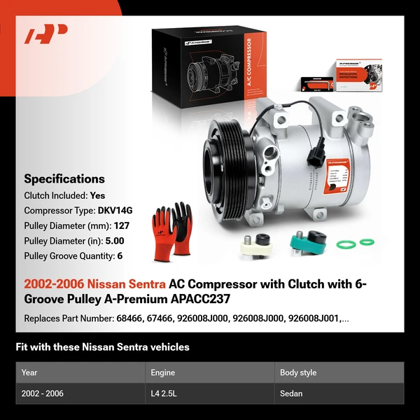 2002-2006 Nissan Sentra AC Compressor with Clutch with 6-Groove Pulley A-Premium APACC237