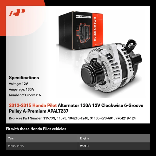 2012-2015 Honda Pilot Alternator 130A 12V Clockwise 6-Groove Pulley A-Premium APALT237