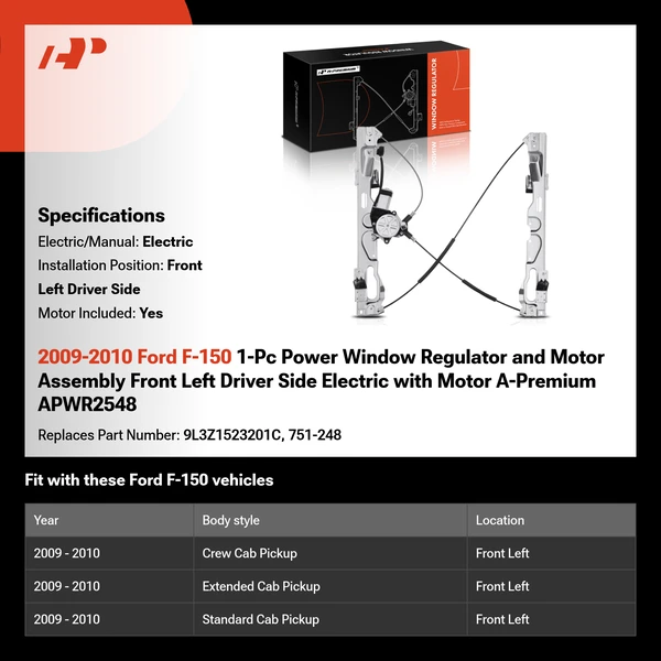 2009-2010 Ford F-150 1-Pc Power Window Regulator and Motor Assembly Front Left Driver Side Electric with Motor A-Premium APWR2548